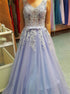 A Line V Neck Appliques Tulle Lace Up Prom Dress LBQ3984
